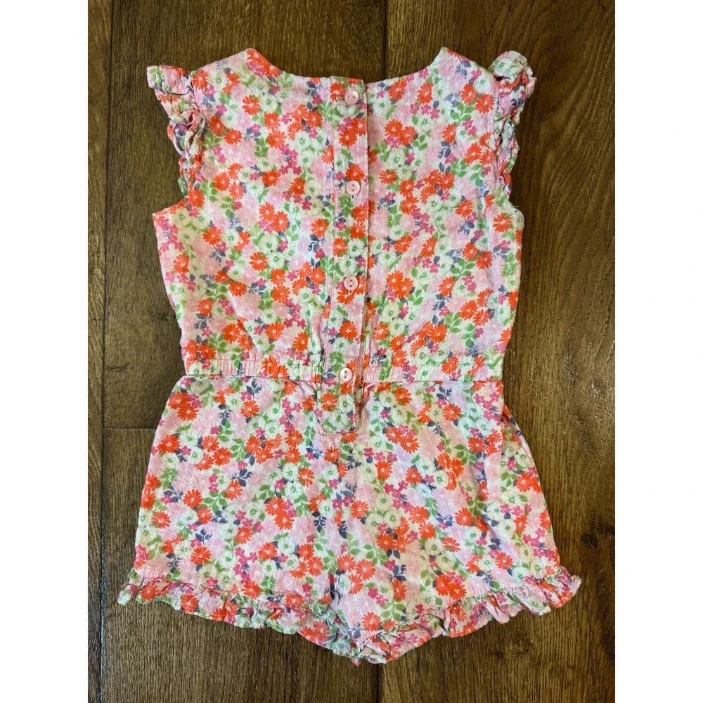 Gymboree Pink Orange Floral Romper Size 18-24 Months Button Back Summer Outfit